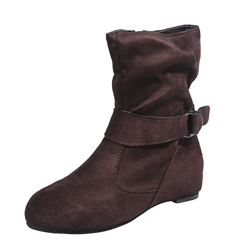 European Station Plus Size Suede Flat Belt Buckle Women's Ankle Boots - Coffee