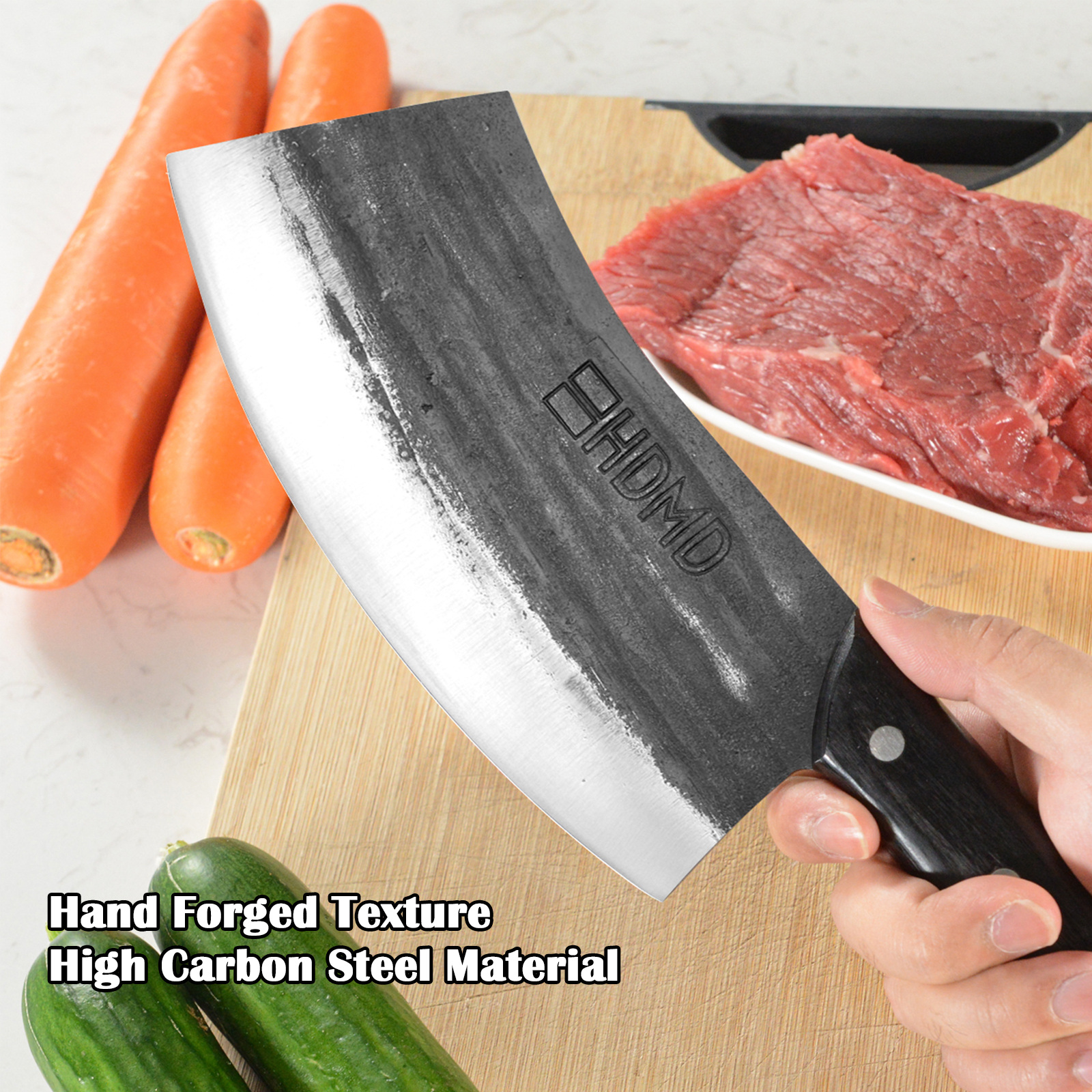 HDMD Meat Cleaver Knife - High Carbon Steel. High Quality Meat Cleaver This kitchen cleaver knife is real hand forged and made of high carbon steel, it's blade uses a V-shaped and fine processing blade, high hardness and wear resistant. Hand polished edge