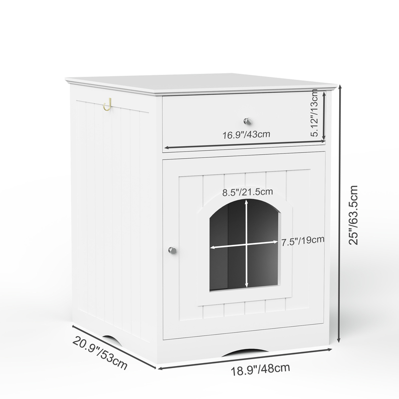 White Wooden Cat Litter Box Enclosure W Drawer & Side Table, Indoor Pet Crate Nightstand For Home — foto 3