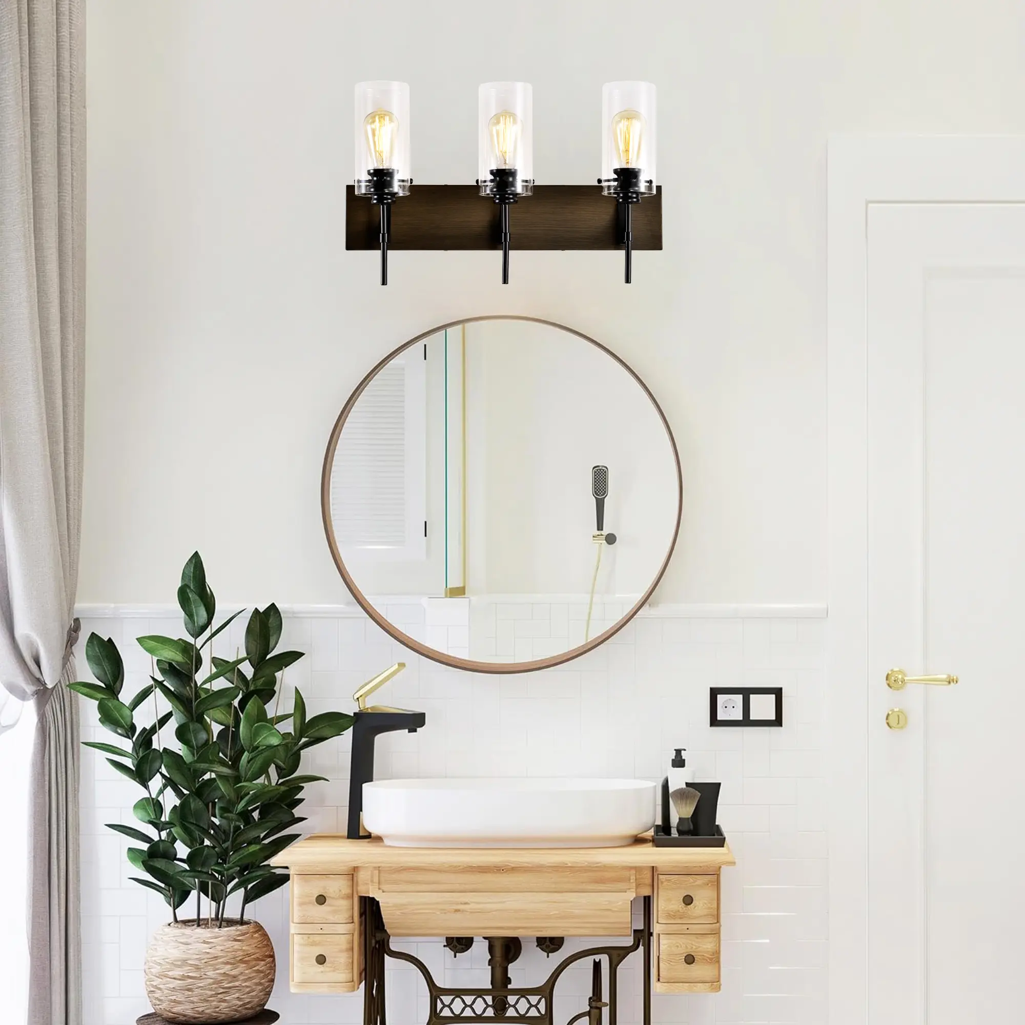 3-Light Matte Black Wood Color Bathroom Light Fixtures, Modern Vanity Lights With Glass Shade, Vintage Light Fixture Bathroom Over Mirror Wall Lights For Kitche
