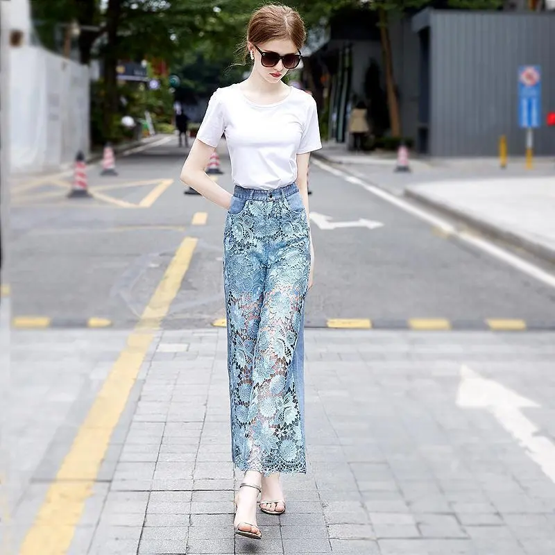 Patchwork Denim Draping Pants For Women - Blue