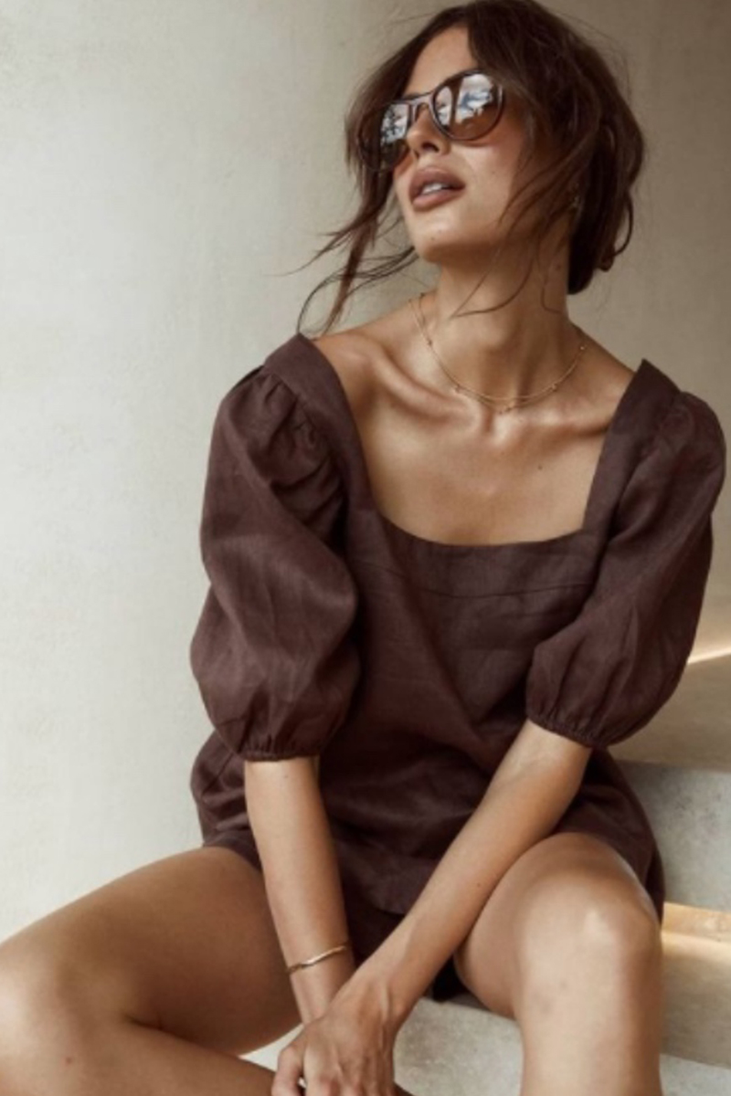 Square Neck Linen Puff Sleeve Shirt Shorts Suit