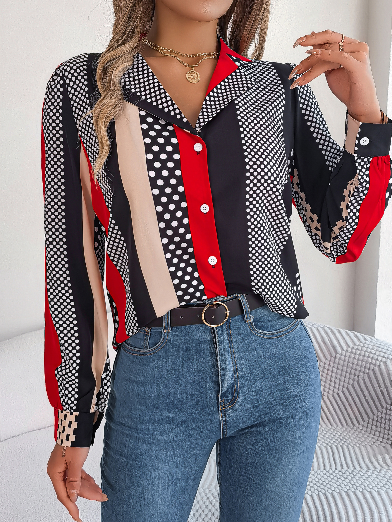 Women's Office Elegant Color Block Polka Dot Notched Lapel Long Sleeve Shirt thumbnail 3