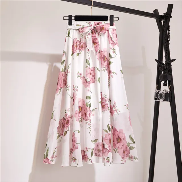 Chiffon Floral High Waist Big Swing Bohemian Travel Holiday Skirt Big White Flower - Shop at LoveMi