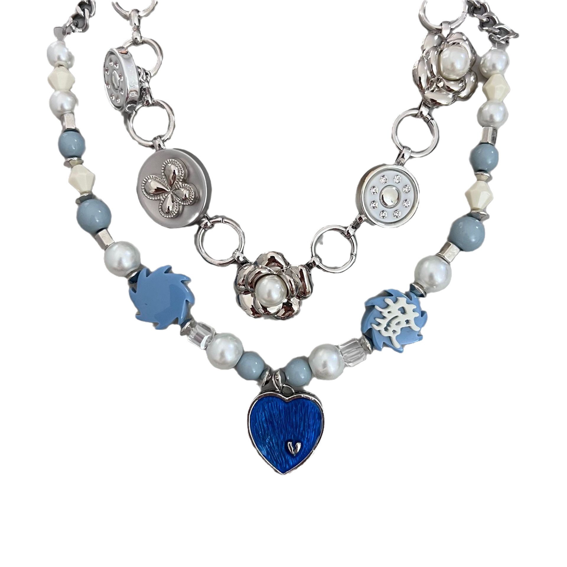 Trendy Blue Loving Heart Pendant Pearl Stitching Necklace
