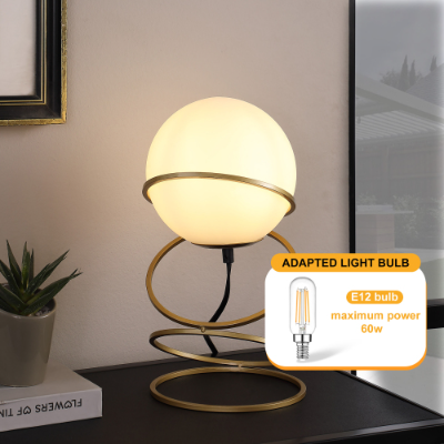 13.5 H Glass Globe Matte Gold Spiral 4 Ring Metal Stand Table Lamp For Living Room, Nightstand Bedside Table Lamp For Bedroom, LED Lamp - Image 1