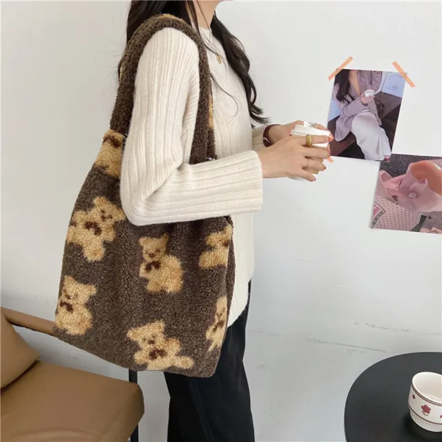 Cute Bear Print Bags Winter Lamb Shoulder Bag Women Shopping Handbags Brown - Shop at LoveMi