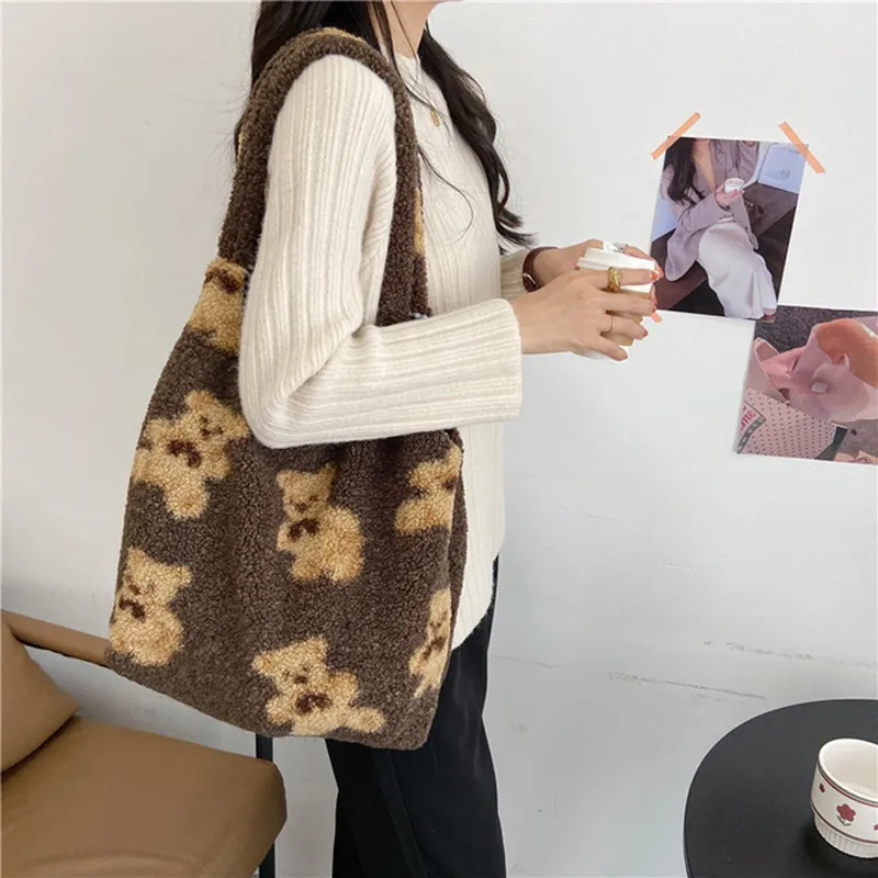 Cute Bear Print Bags Winter Lamb Shoulder Bag Women Shopping Handbags - Brown