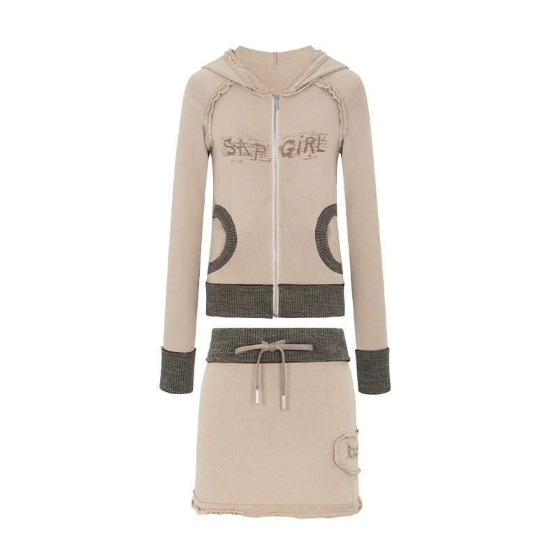 Vintage Washed Raw Edge Vintage Zippered Sweater Short Skirt Sporty Set