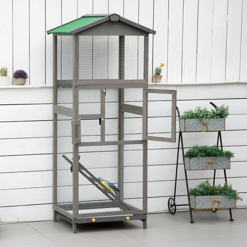Wooden Bird Cage Outdoor Aviary House For Parrot, Parakeet, With Pull Out Tray And 2 Doors, Grey
