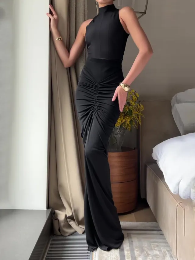 Sleeveless Top & Shirred Skirt Set Black - Shop at LoveMi