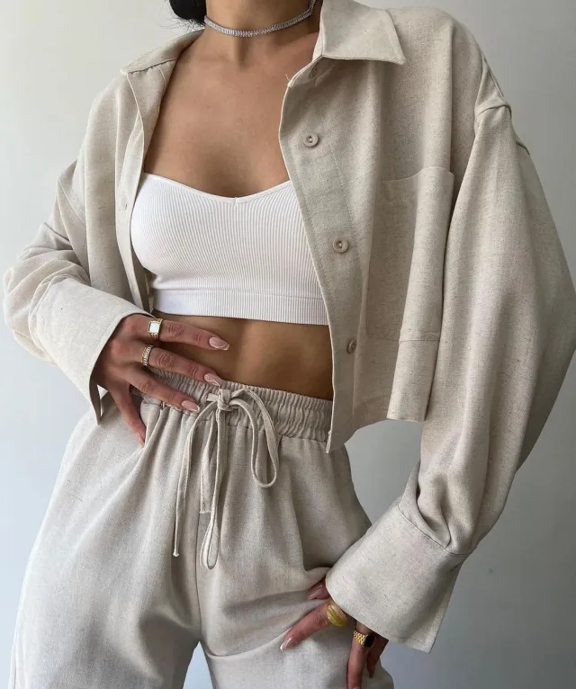 Women's Fashion Casual Solid Color Long sleeved Casual Shirt And Trousers Suit Apricot - Shop at LoveMi