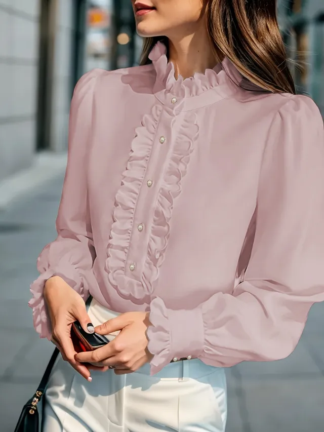 Fashionable Stand up Collar Long sleeved Shirt With Lotus Leaf Hem Pink - Shop at LoveMi
