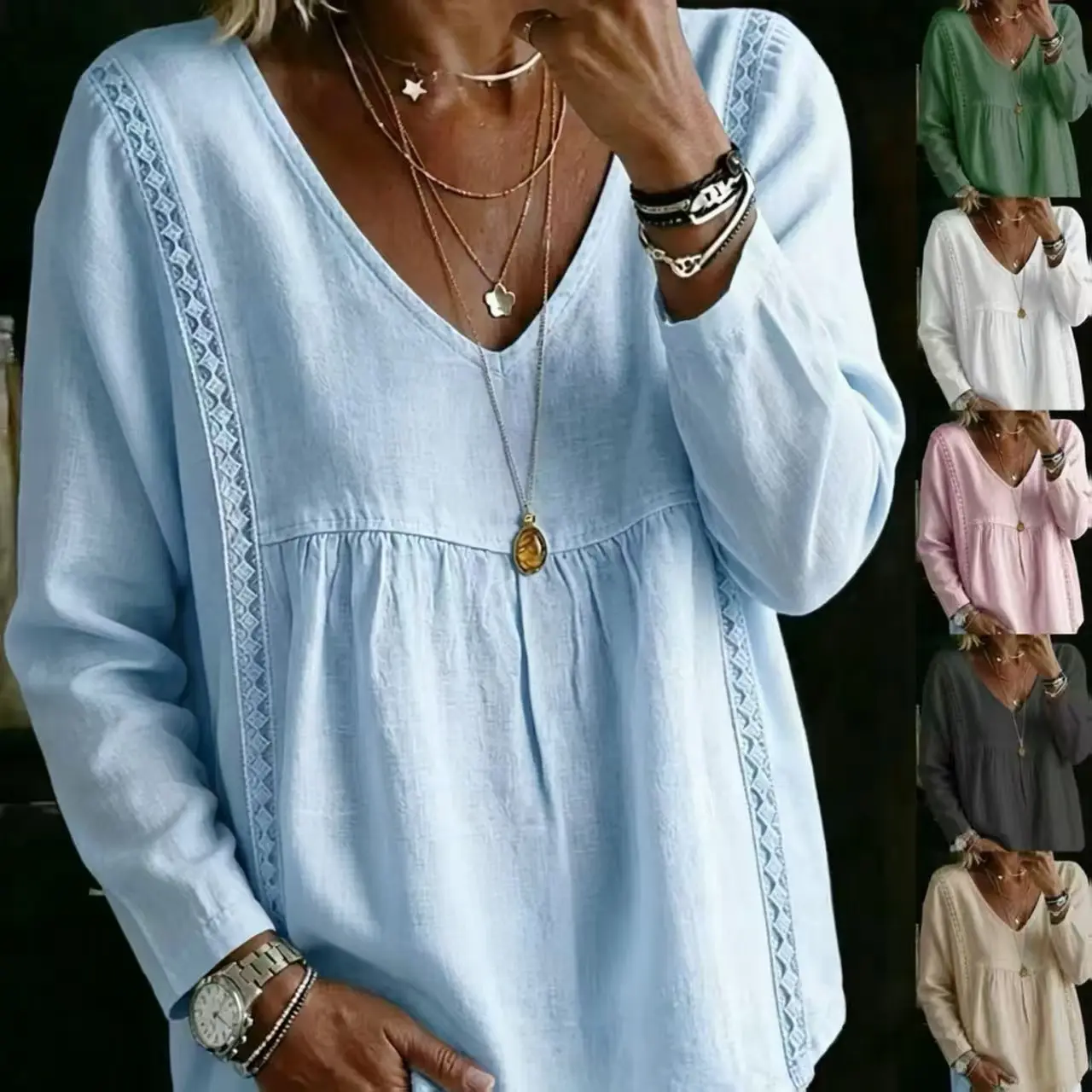 Women's V Neck Lace Spliced Long Sleeve