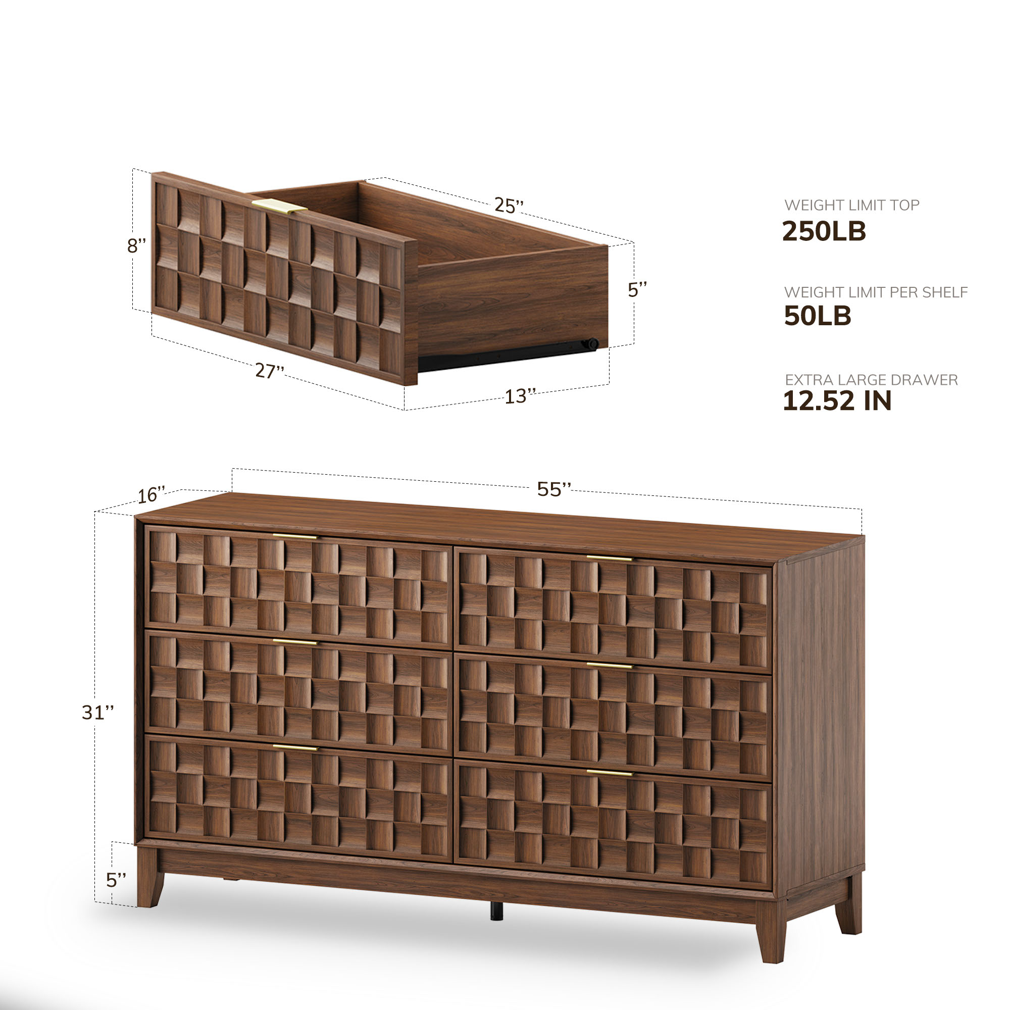 Modern Wooden 6 Drawer Dresser 55in, Side Board Buffet Storage Cabinet, Accent Cabinet With Metal Handles, Oak