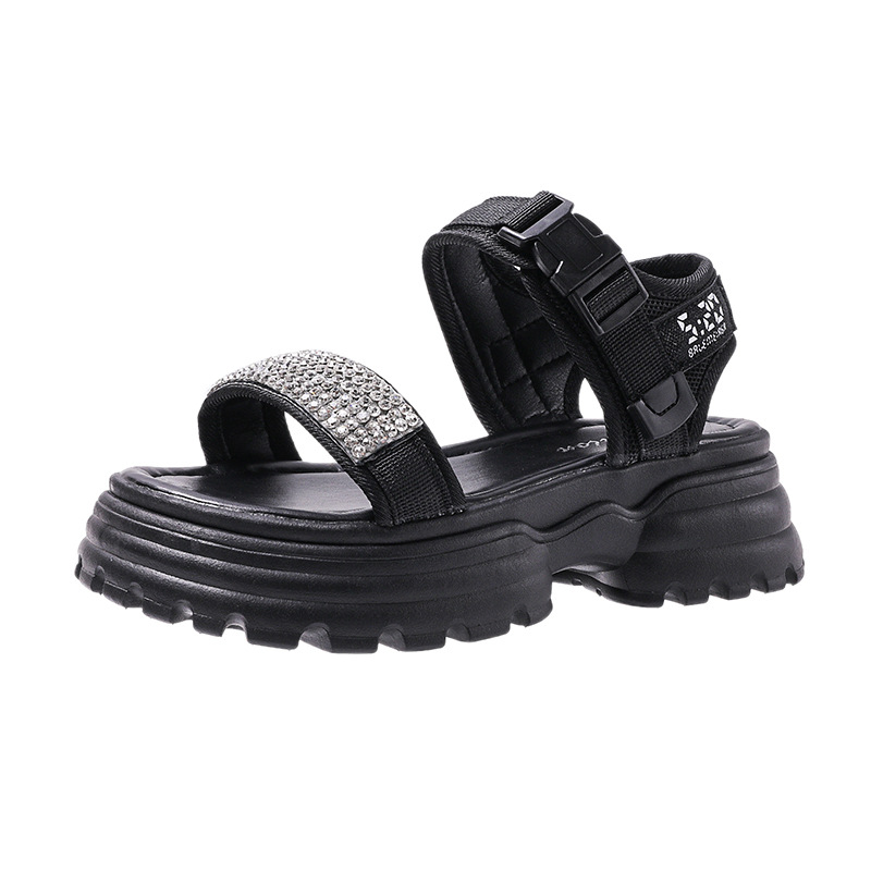 Women's Fashion Heightening Velcro Rhinestone Beach Shoes Black - Shop at LoveMi
