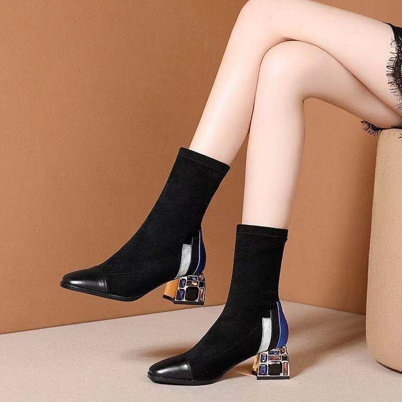 Women's Rhinestone Pointed Toe And Velvet High-heeled Ankle Boots