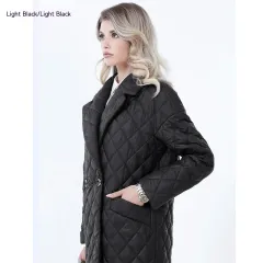 Women's Lace-up Lapel Long-sleeved Plaid Long Winter Top - Black - View 1