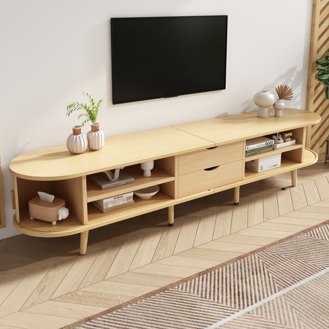 TV Stand With 2 Drawer 2 Sliding Doors 2-Tier Storage Shelf,Oval TV Cabinet — image 4