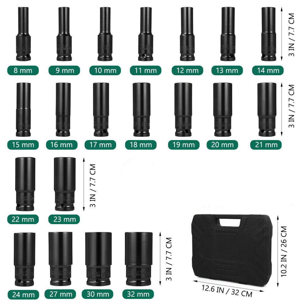 20pcs Deep Impact Socket Set 1-2 Inch Drive 6 Point Metric 8-32mm Heavy Duty UK — image 9