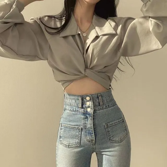 French Women's Niche Design Lace up Bow Shirt Grey - Shop at LoveMi