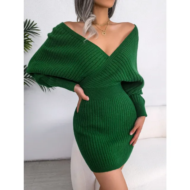 Autumn Winter Sexy Cross V neck Bat Skirt With Hip Wrapping, Hairy Dress Green - Shop at LoveMi