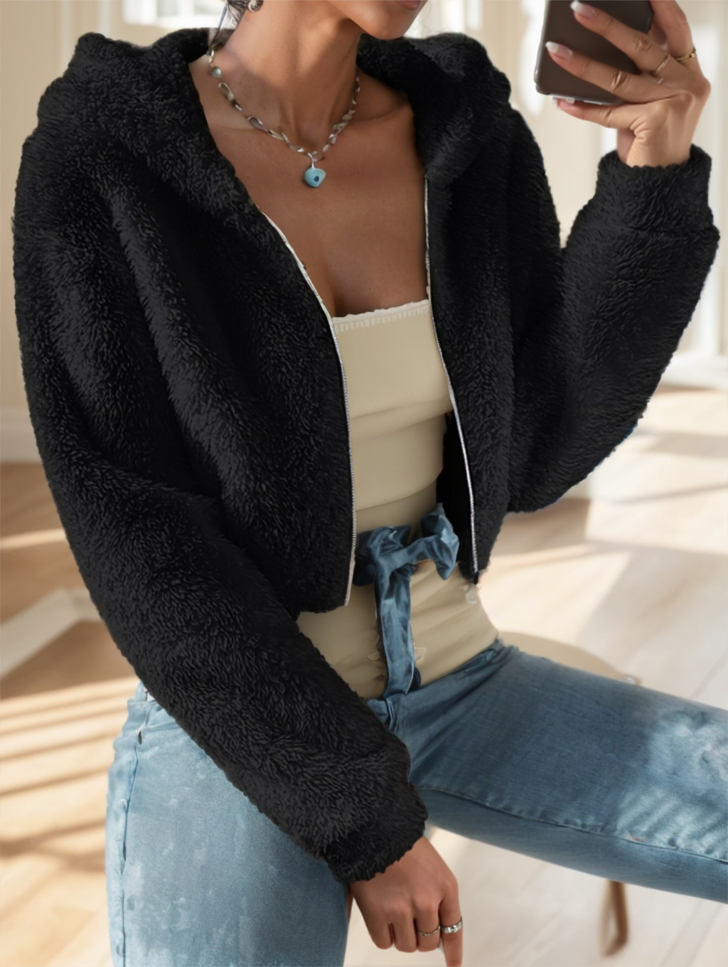 Solid Color Zip-up Teddy Hoodie, Casual Long Sleeve Hoodie Jacket