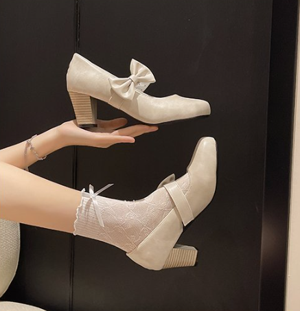 Women Leather Mary Janes, Block Heel Bow Pumps, Versatile Retro Style Fashion Shoes