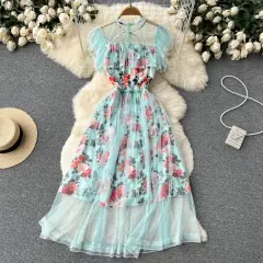 French First Love Flying Sleeve Floral Dress - Malachite Blue - View 1