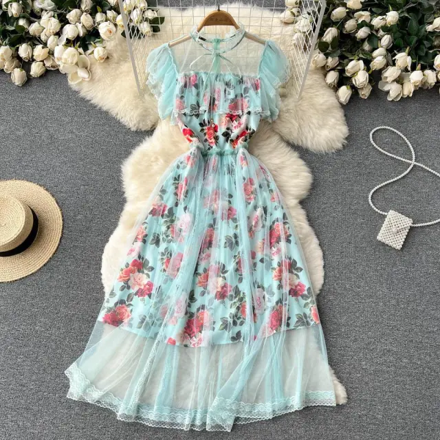 French First Love Flying Sleeve Floral Dress Malachite Blue - Shop at LoveMi