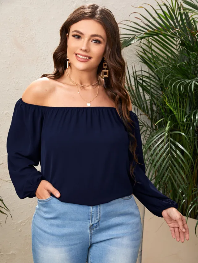 Large Size Women's European And American Solid Color Loose Collar T shirt Blue - Shop at LoveMi