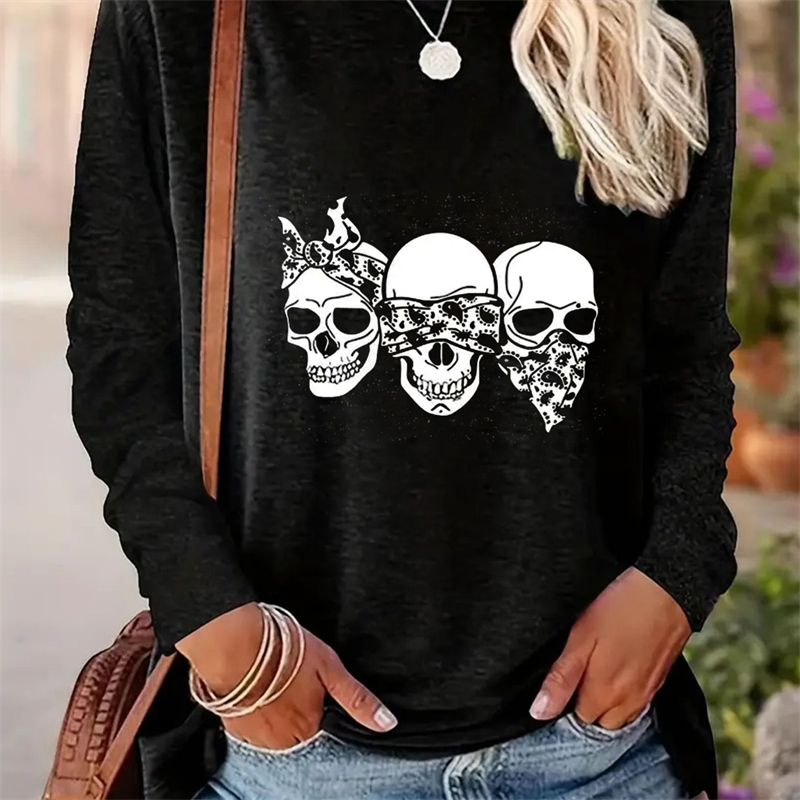 Spring And Autumn Women Casual Simple Pattern Printed Round Neck Long Sleeve T-shirt