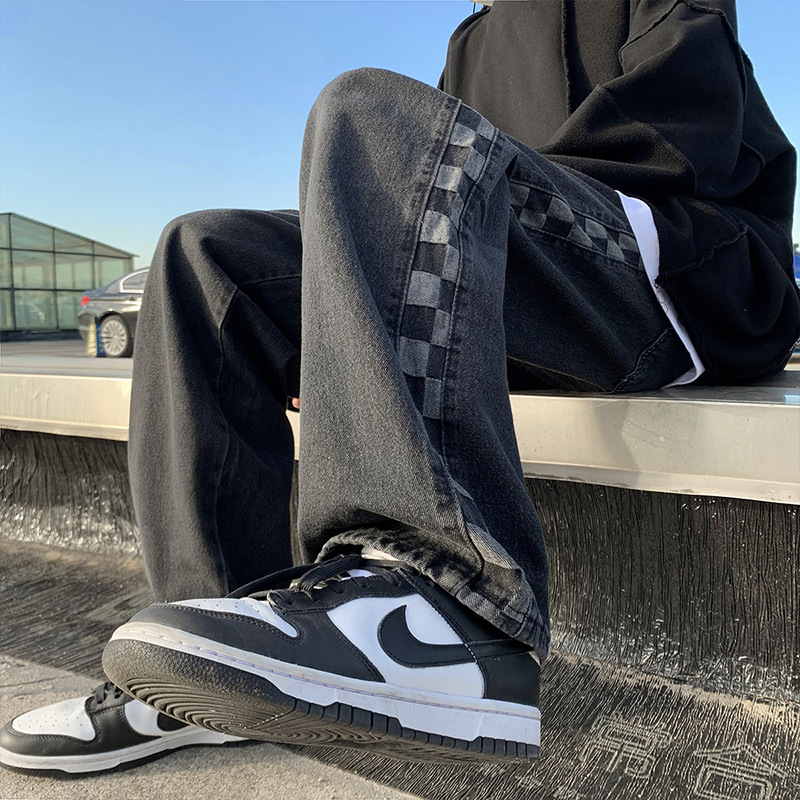 Chessboard Plaid Stitching Jeans Men's Spring And Autumn American Style