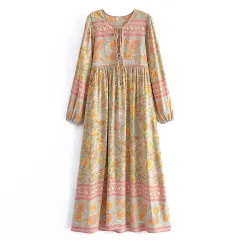 Women's Floral Fringed Bohemian Resort Style Long Dress - Light Yellow - View 1