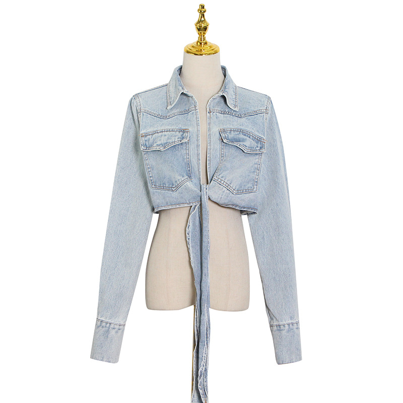 Title 5, Cropped Cropped Denim Jacket With Tie At The Chest