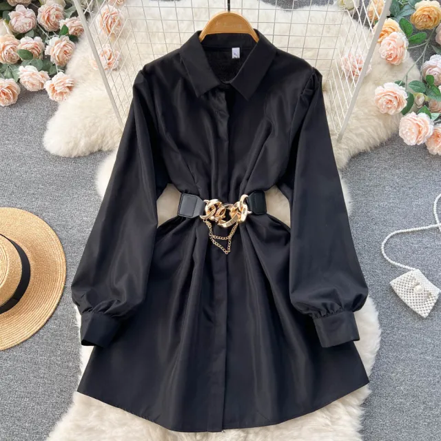 Metal Buckle White Shirt Dress Black - Shop at LoveMi
