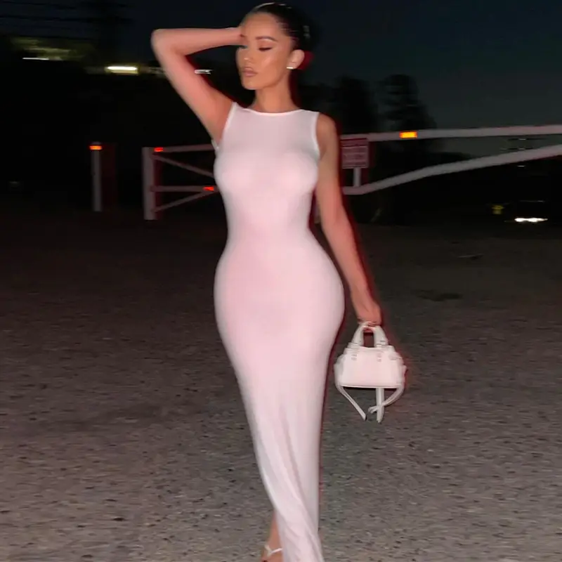 European And American Women's New Slim Round Neck Slit Dress