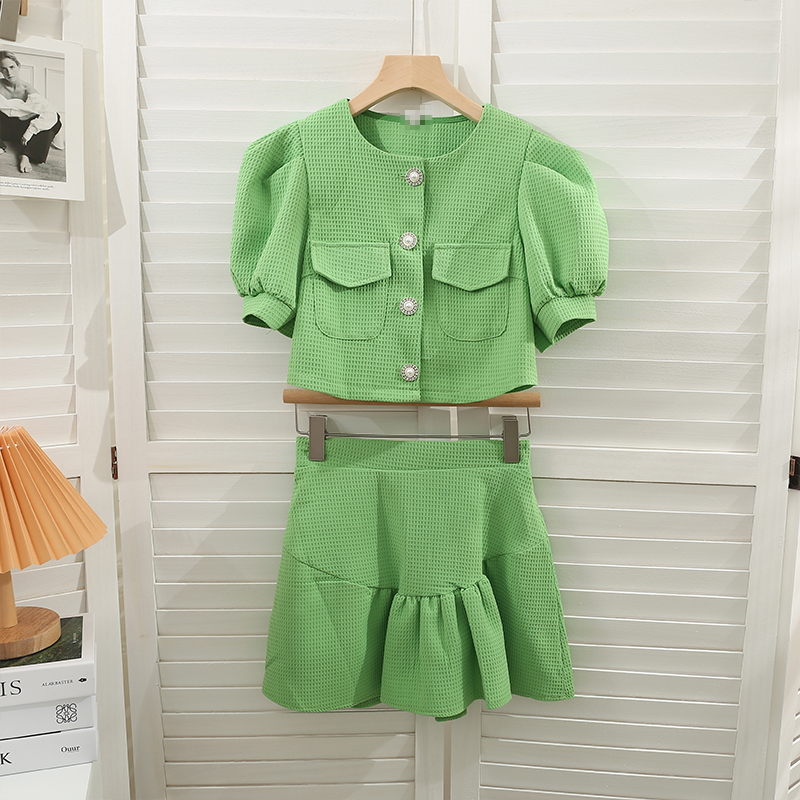 Women's New Single Breasted Short Sleeve Round Neck Shirt Skirt Suit