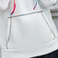 Loose Casual Hooded Sweater Rainbow Ribbon Colour Block Jacket Top - Coffee - View 1