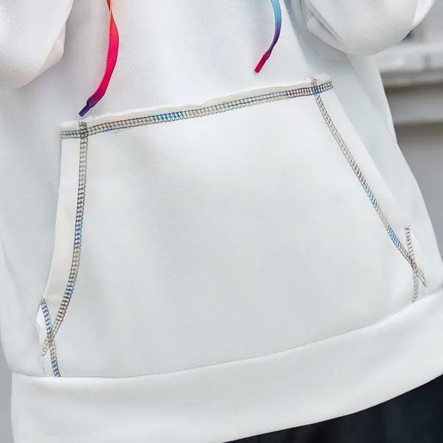 Loose Casual Hooded Sweater Rainbow Ribbon Color Block Jacket Top Coffee - Shop at LoveMi