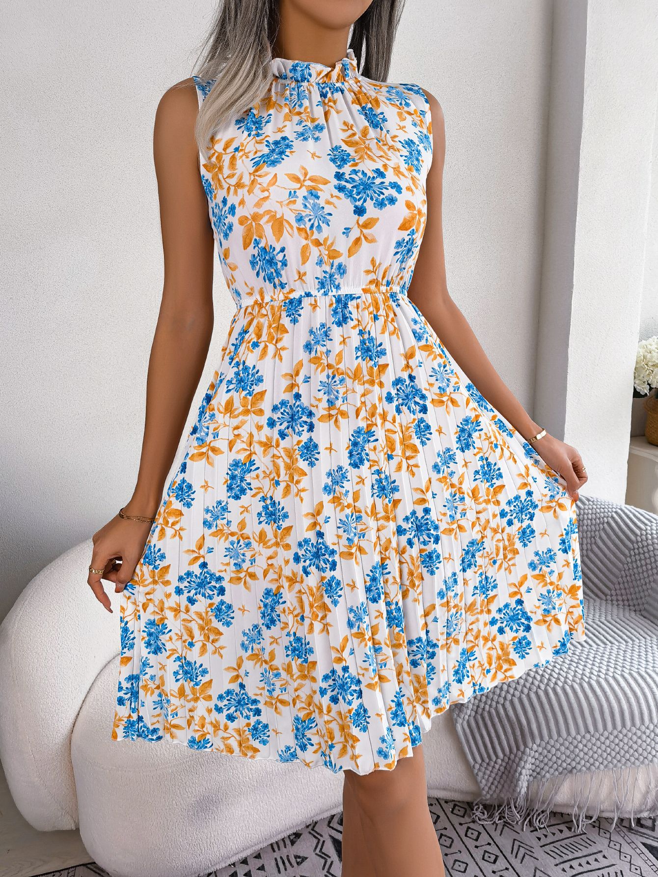 Women  Elegant Ruffle Trim Floral Print Tie Waist Pleated Dress