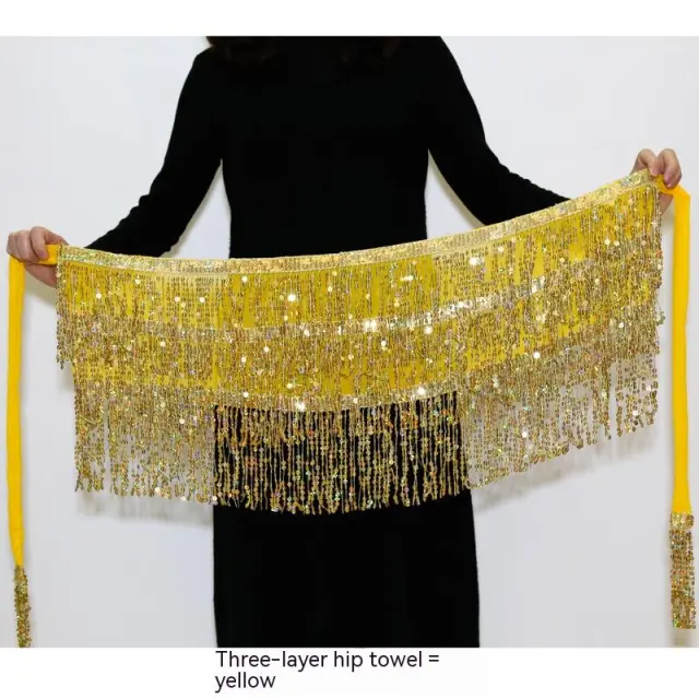 Halloween Belly Dance Costume Sequined Tassel Hip Skirt Waist Scarf Yellow Three Layers - Shop at LoveMi