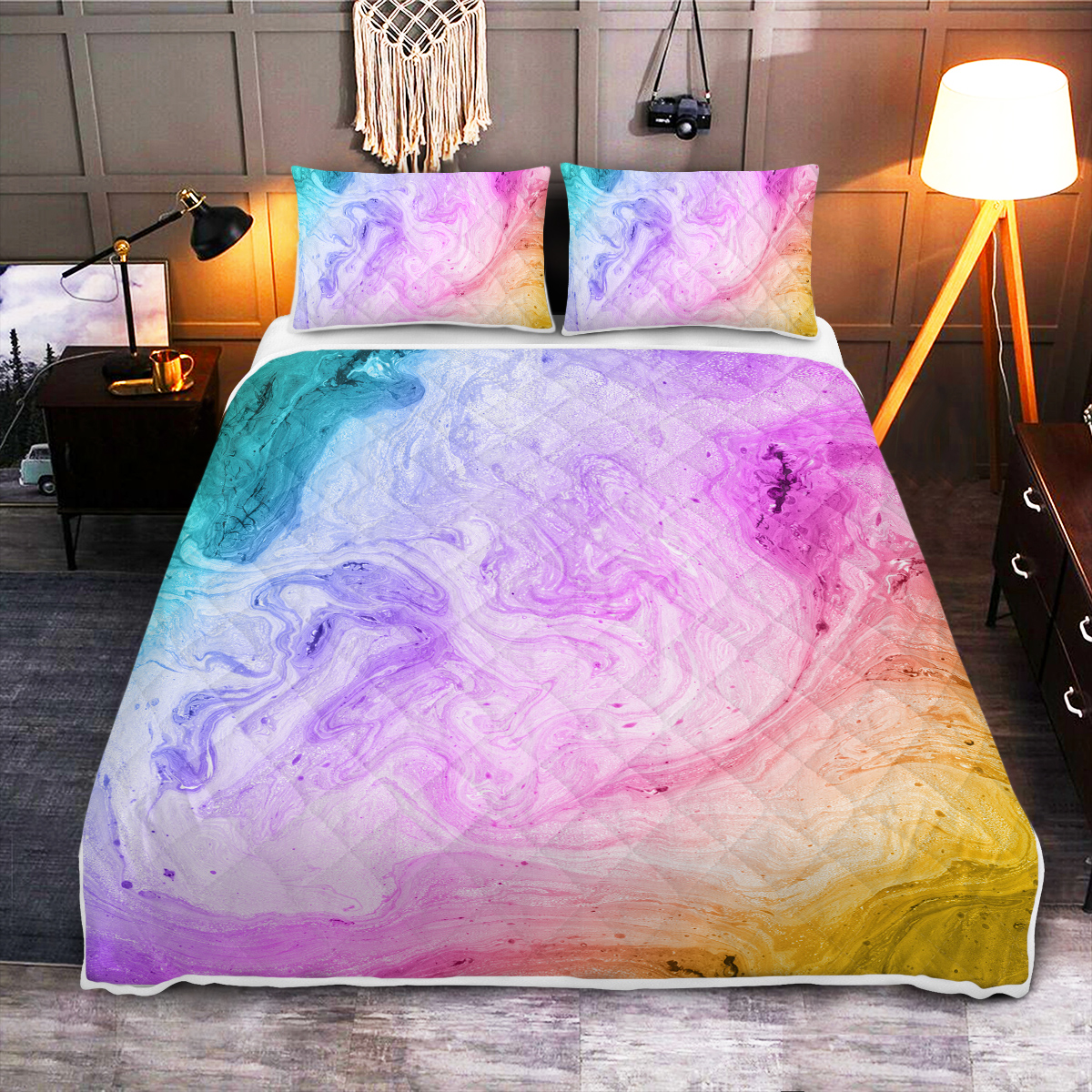 Pastel Quilt Set Microfiber Soft Lightweight Rainbow Marble Bedding Set, 1 Quilt With 2 Pillowcases