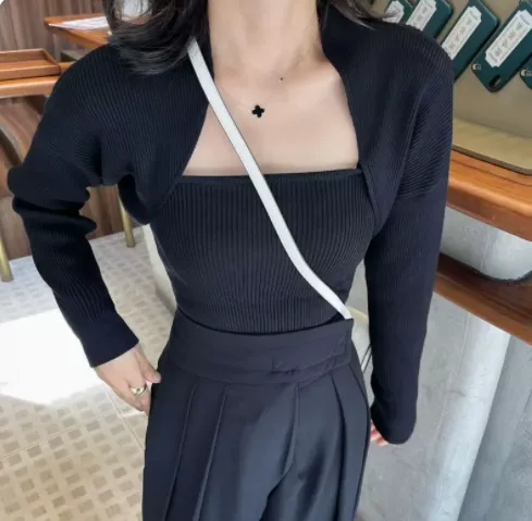 Western style Age reducing Sweet And Chic Top Two piece Trousers Black - Shop at LoveMi