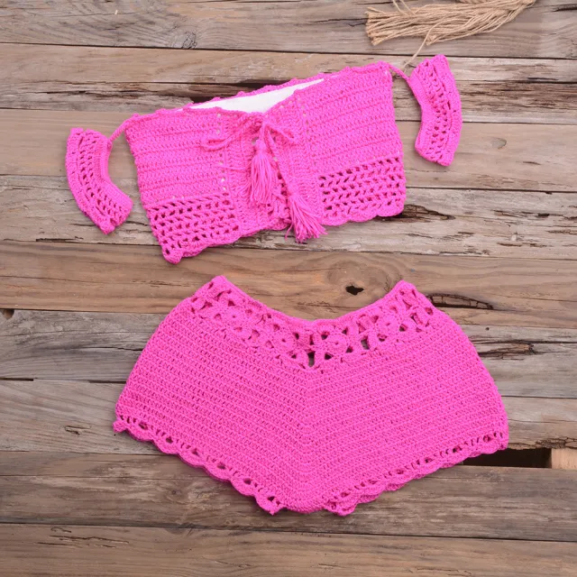 Bikini Hand woven Lace up Swimsuit Shorts Hollow Split Suit Rose - Shop at LoveMi