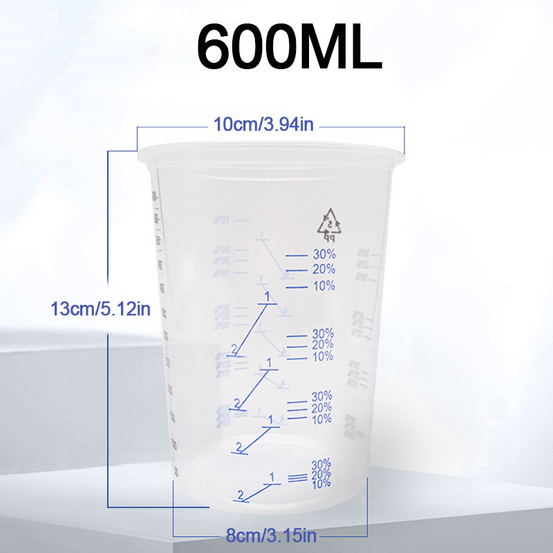 50X Clear Paint Plastic Mixing Cups 600CC Calibrated Measuring Polypropylene New