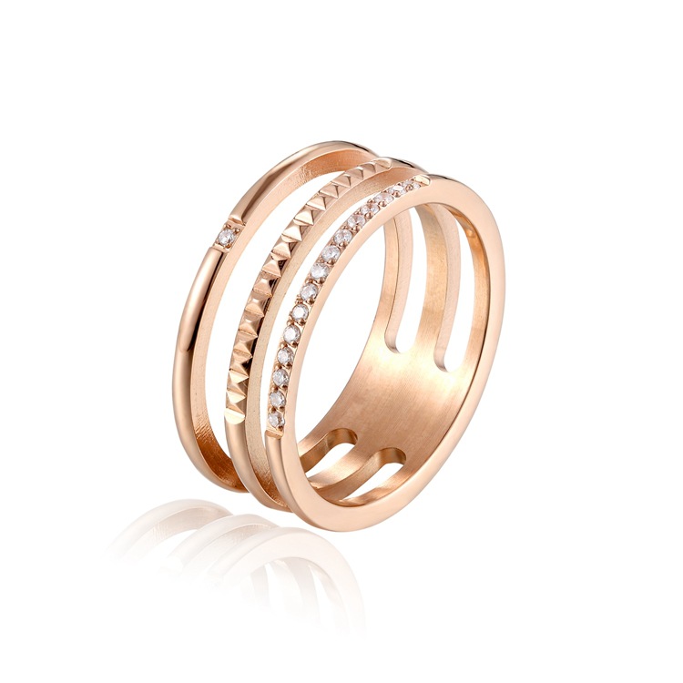 Three-tier Rose Stainless Steel Gold Ring With Diamonds