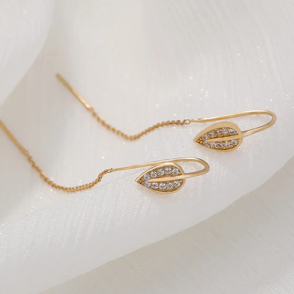 Copper Micro-inlay Leaf Zircon Tassel Earrings Female, Temperament High-grade Feeling Light Luxury Simple Exquisite Earrings