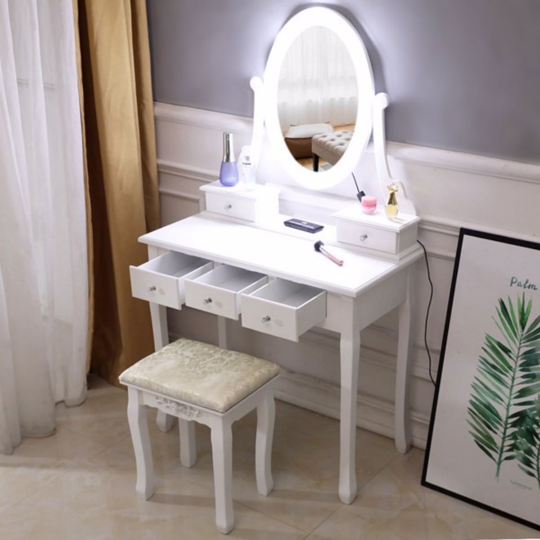With Light Bulb Single Mirror 5 Drawer Dressing Table White-61588080,60709581 9