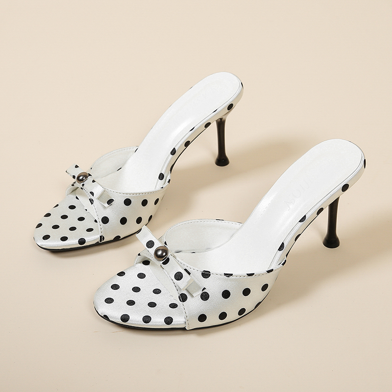 Women Plus Size Bow Polka Dot One Strap Heeled Slide Sandals, Elegant Open Toe Thin Heel Slip-on Summer Outdoor Dress Shoes product image